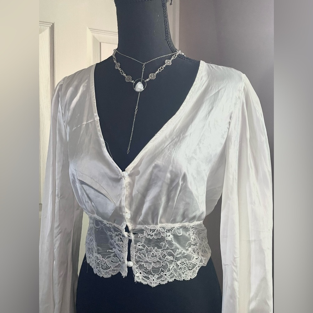 White Satin Lace Button-Front Blouse